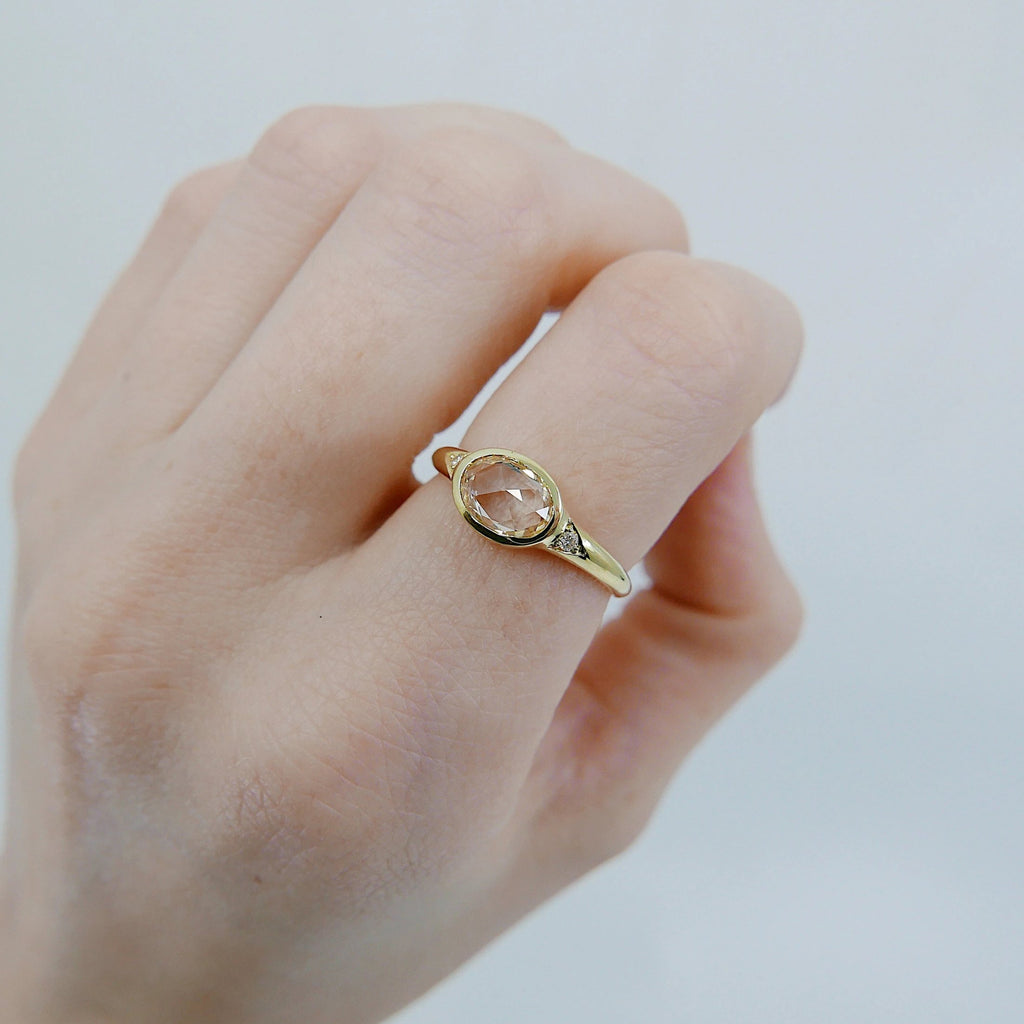 Rose Cut Sapphire Signet Ring, OOAK ring, sapphire rose cut ring, oval sapphire and diamond ring, 18k gold ring, oval bezel sapphire