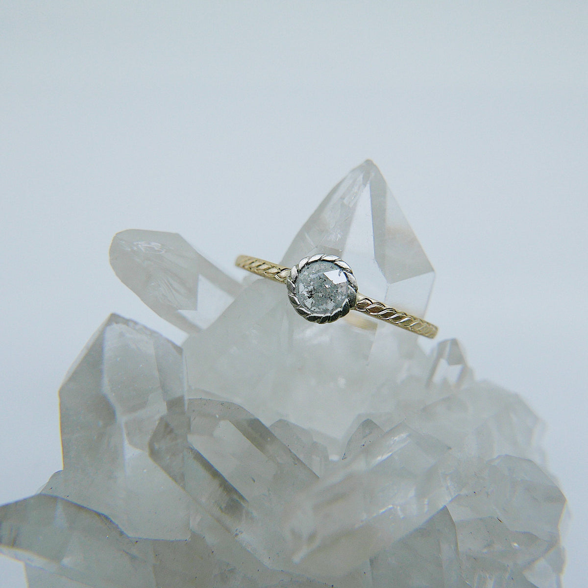 Twist Two Tone Grey Diamond Ring, gold bezel ring, bezel stone ring, 14k gold gray diamond ring, gold twist band, hand engraved
