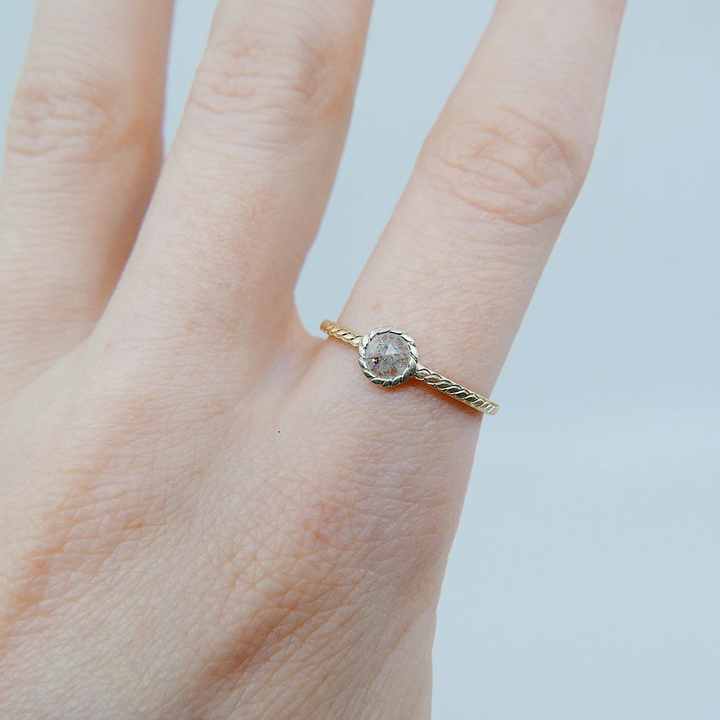 Twist Two Tone Grey Diamond Ring, gold bezel ring, bezel stone ring, 14k gold gray diamond ring, gold twist band, hand engraved