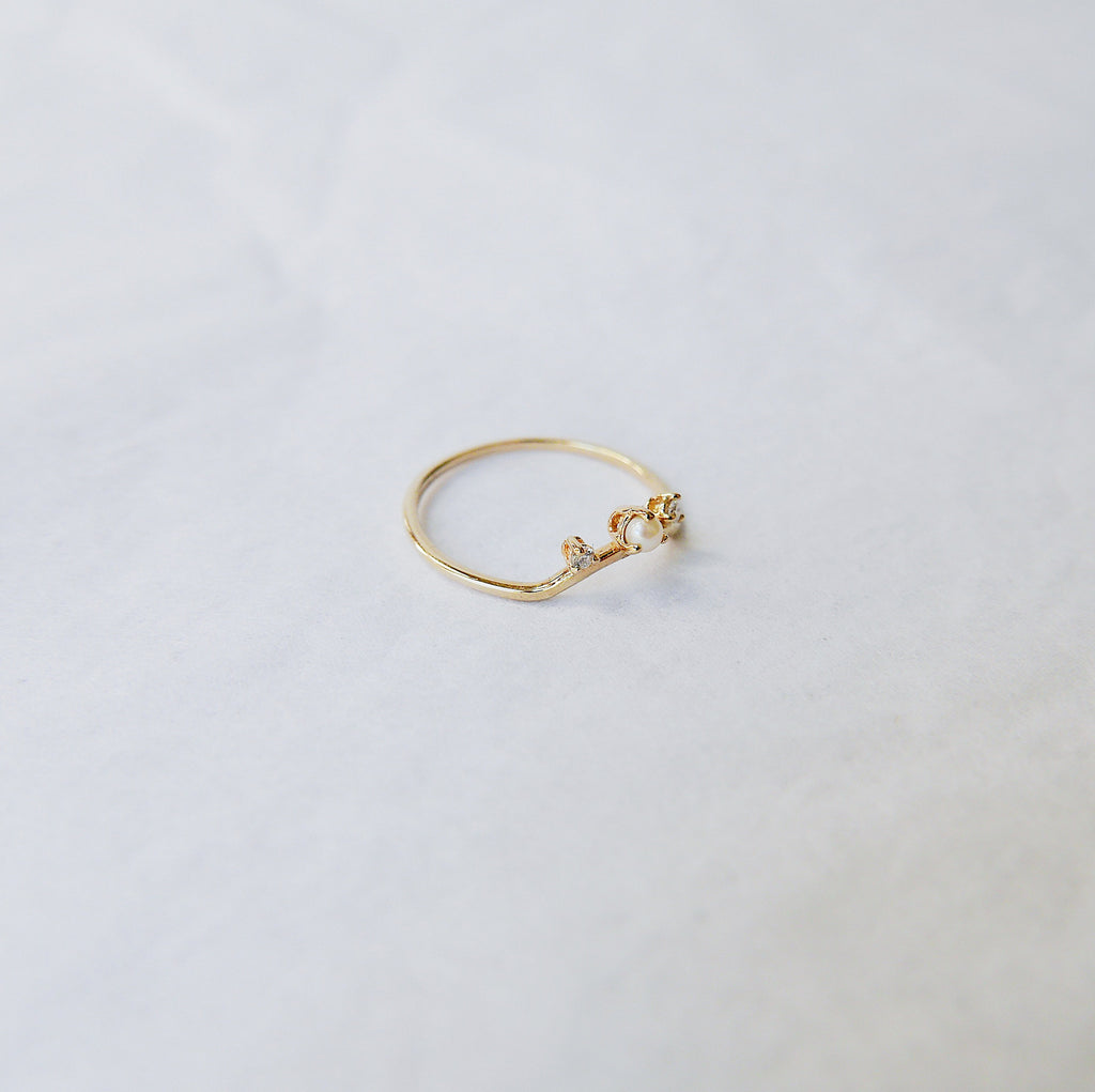 Scattered Nesting Pearl Ring, pearl and diamond ring, 14k gold arc ring, delicate dainty thin ring, thin band, stacking ring, wedding band