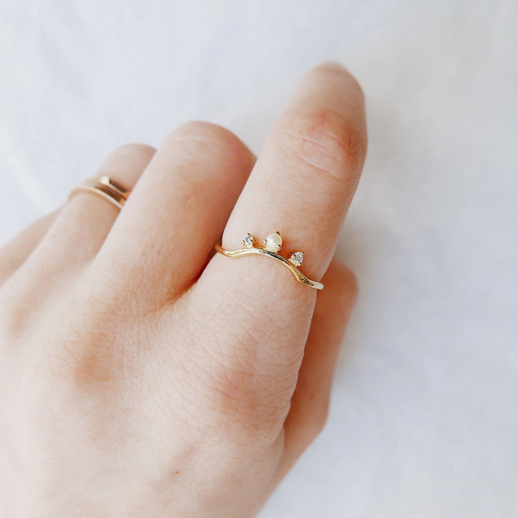 Scattered Nesting Pearl Ring, pearl and diamond ring, 14k gold arc ring, delicate dainty thin ring, thin band, stacking ring, wedding band