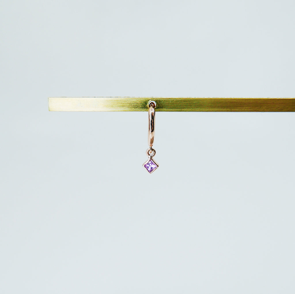 Small Princess cut pink sapphire charm hoop, small 14k gold sapphire hoop, pink sapphire hoop, hoops with bezel charms, square stone hoop