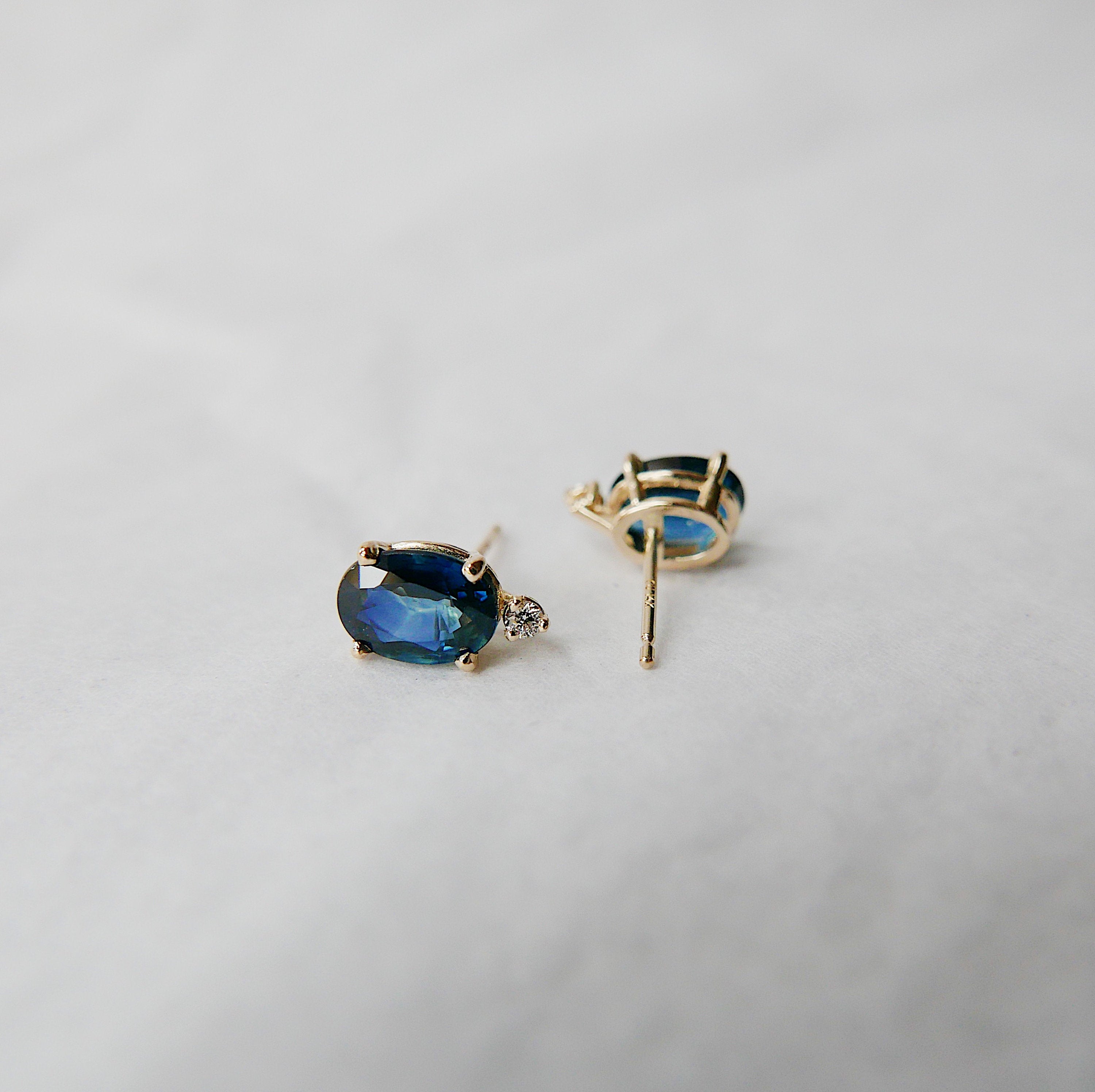 Oval Blue Sapphire & Diamond Earrings, Sapphire Earrings, Diamond Earrings, 14k Gold Stud Earrings, Two Stone Earrings