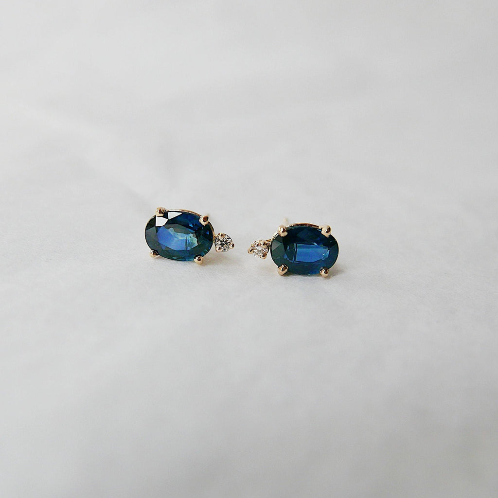 Oval Blue Sapphire & Diamond Earrings, Sapphire Earrings, Diamond Earrings, 14k Gold Stud Earrings, Two Stone Earrings