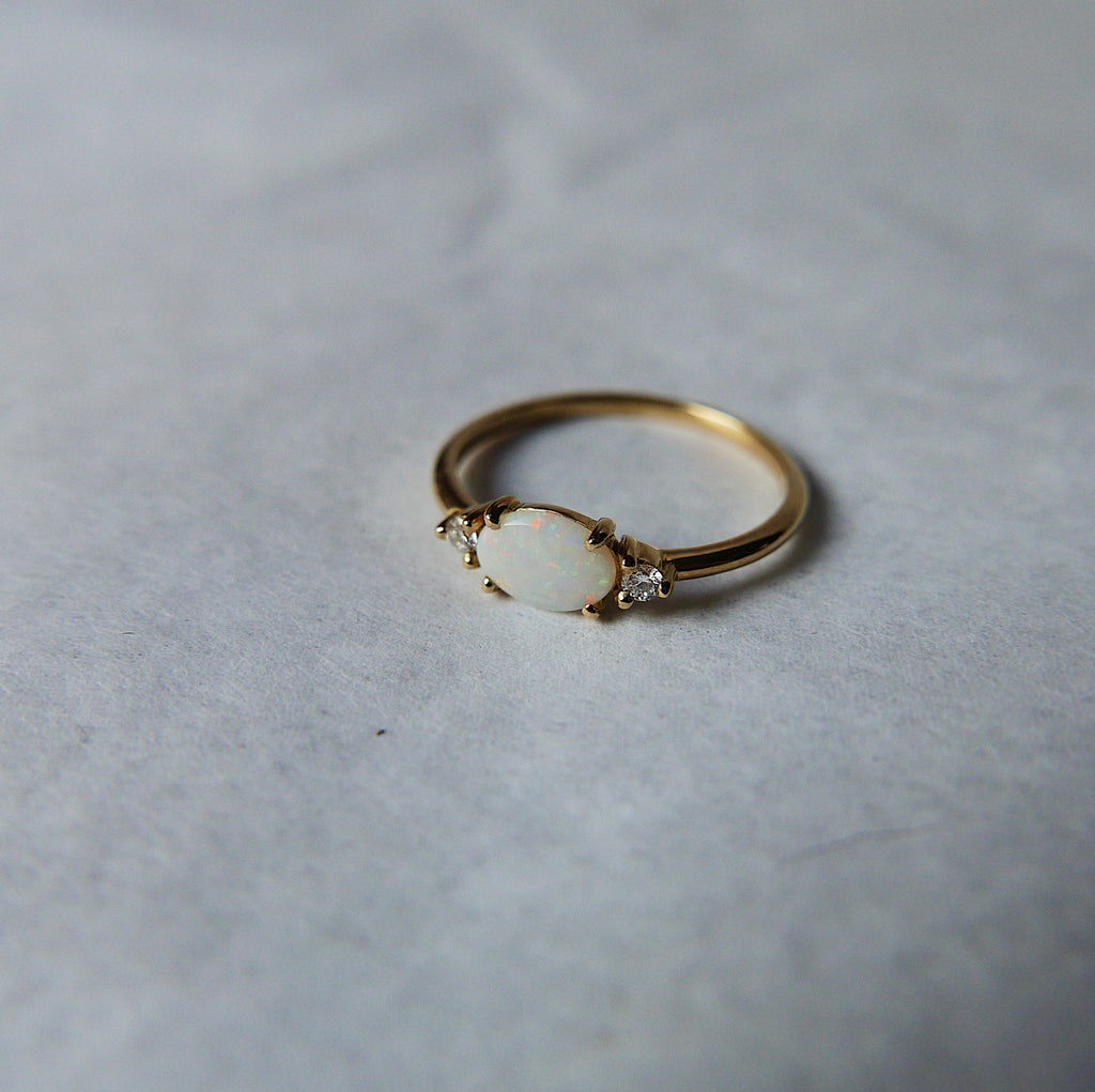 Oval Opal Ring 2.0, three stone ring, oval and diamond ring, 14k gold opal ring, east west ring