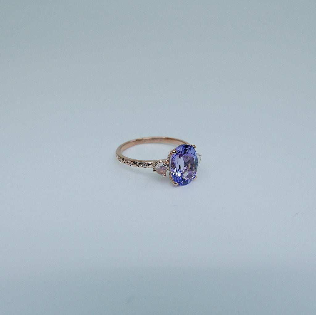 Twilight Tanzanite and Moonstone Ring, three stone ring, moonstone and tanzanite ring, 14k gold ring, diamond band, starry band