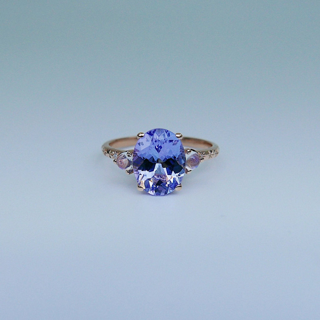 Twilight Tanzanite and Moonstone Ring, three stone ring, moonstone and tanzanite ring, 14k gold ring, diamond band, starry band