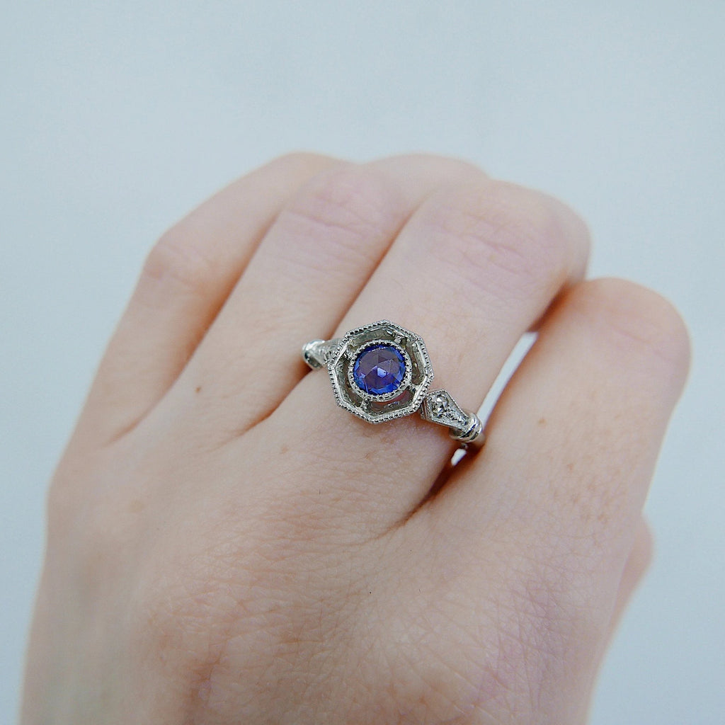 Compass Eloise Rose Cut Blue Sapphire Ring, Platinum ring, vintage inspired ring, sapphire and diamond ring