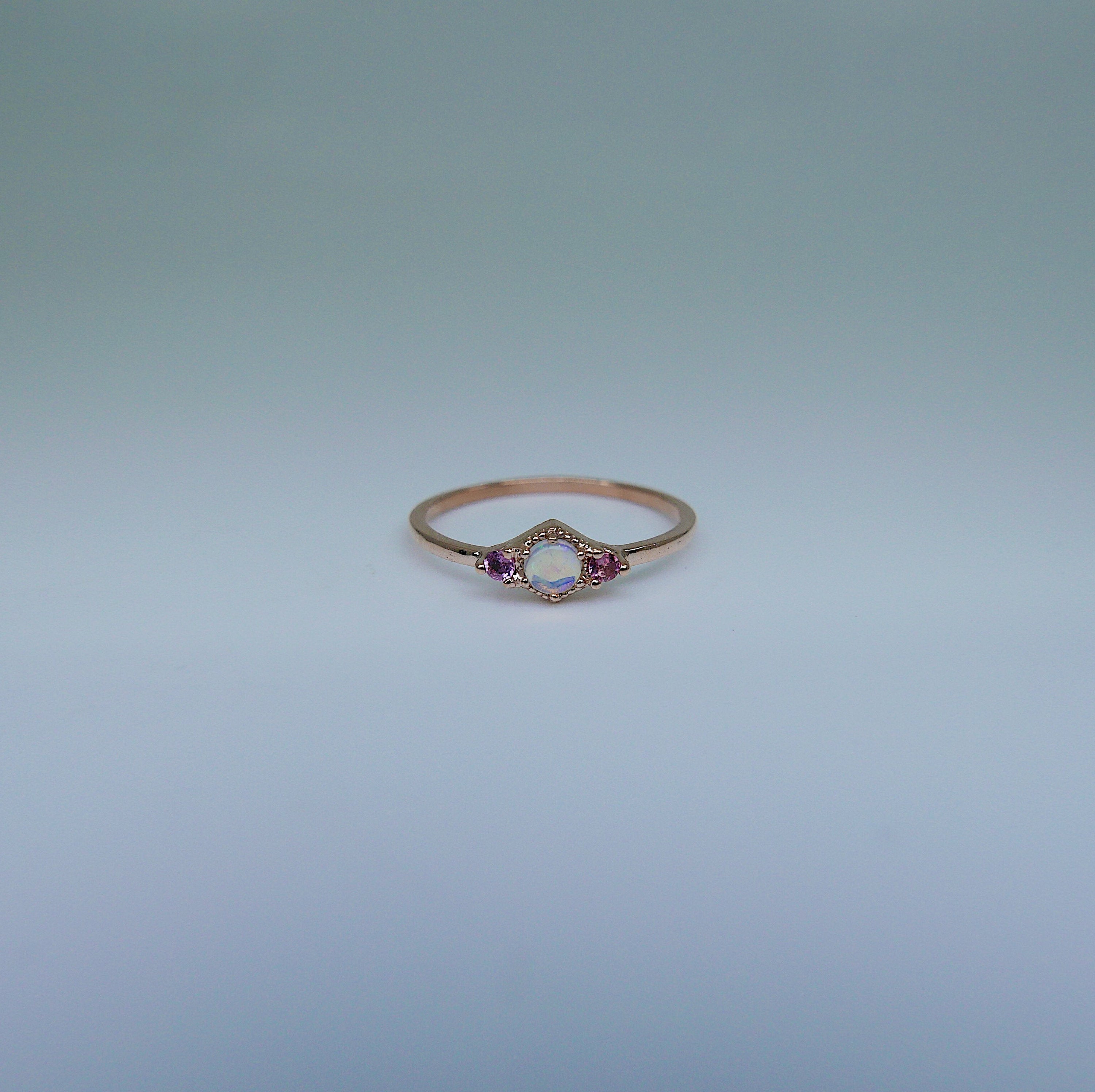 Harlow Opal Ring, pink tourmaline ring, opal and tourmaline ring, 14k gold opal ring, 3 stone opal ring