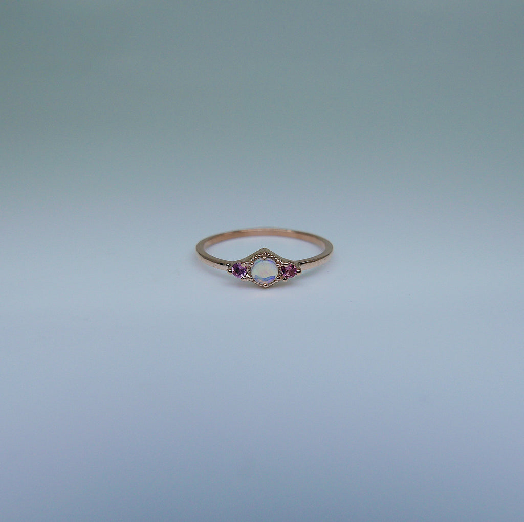 Harlow Opal Ring, pink tourmaline ring, opal and tourmaline ring, 14k gold opal ring, 3 stone opal ring