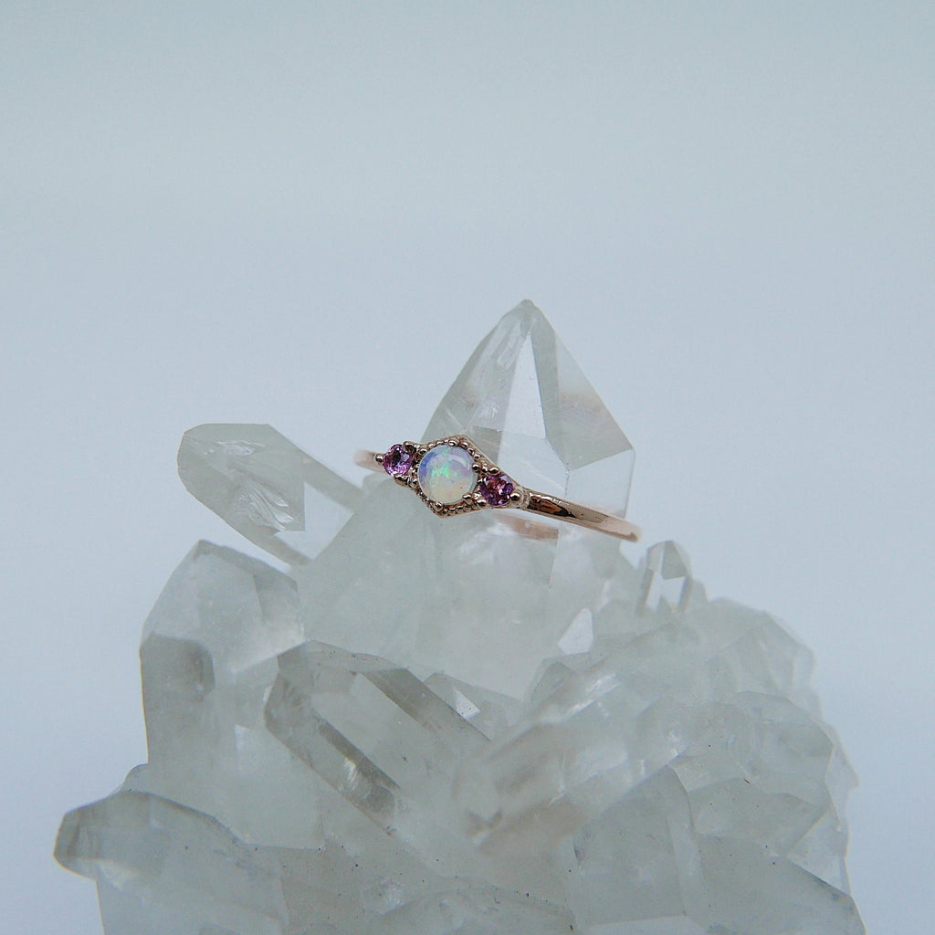Harlow Opal Ring, pink tourmaline ring, opal and tourmaline ring, 14k gold opal ring, 3 stone opal ring