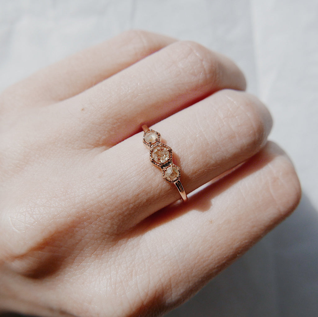 Triple Frame Ring, peach diamond bezel ring, OOAK ring, diamond stacking ring, diamond ring, triple stone ring, three stone ring, rose cut