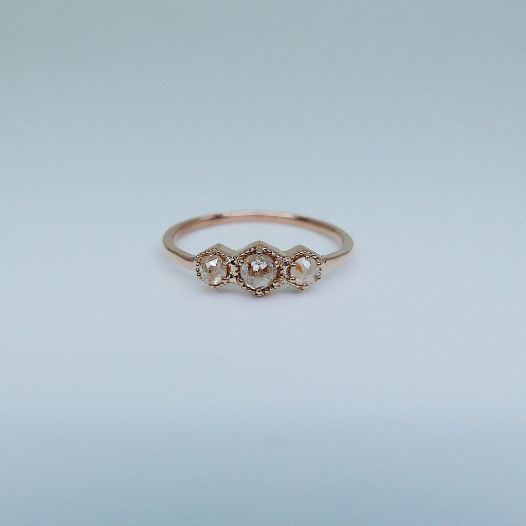 Triple Frame Ring, peach diamond bezel ring, OOAK ring, diamond stacking ring, diamond ring, triple stone ring, three stone ring, rose cut