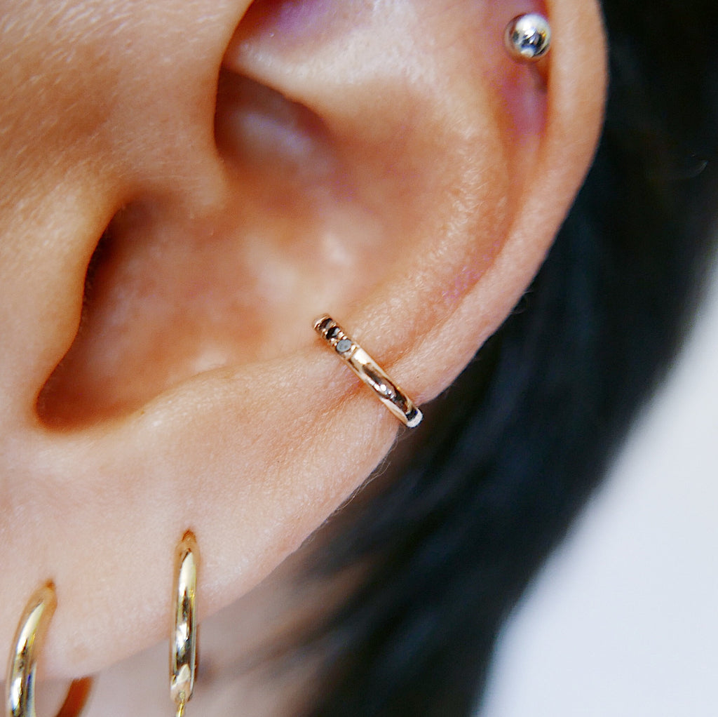 Black Diamond Ear Cuff, ear cuff, black diamond gold ear cuff, 14k ear cuff, edgy ear cuff, non pierced earring, gold bar cuff, clip on