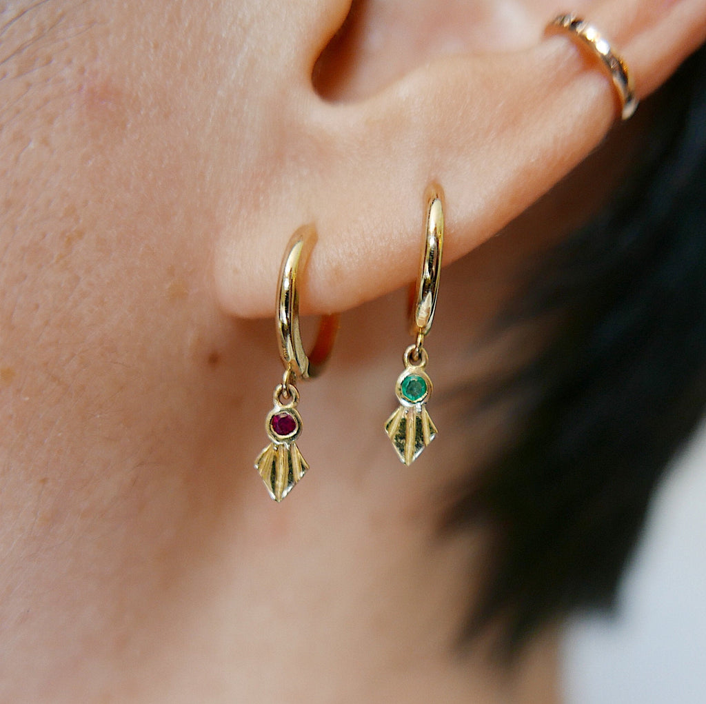 Fan Emerald Hoops, Art deco hoops, Geometric Hoop Earrings, Emerald hoops, emerald fan hoops, green fan earrings, emerald earrings