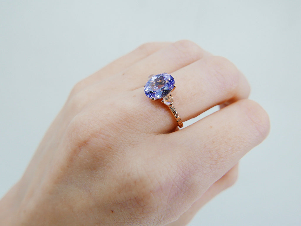 Twilight Tanzanite and Moonstone Ring, three stone ring, moonstone and tanzanite ring, 14k gold ring, diamond band, starry band