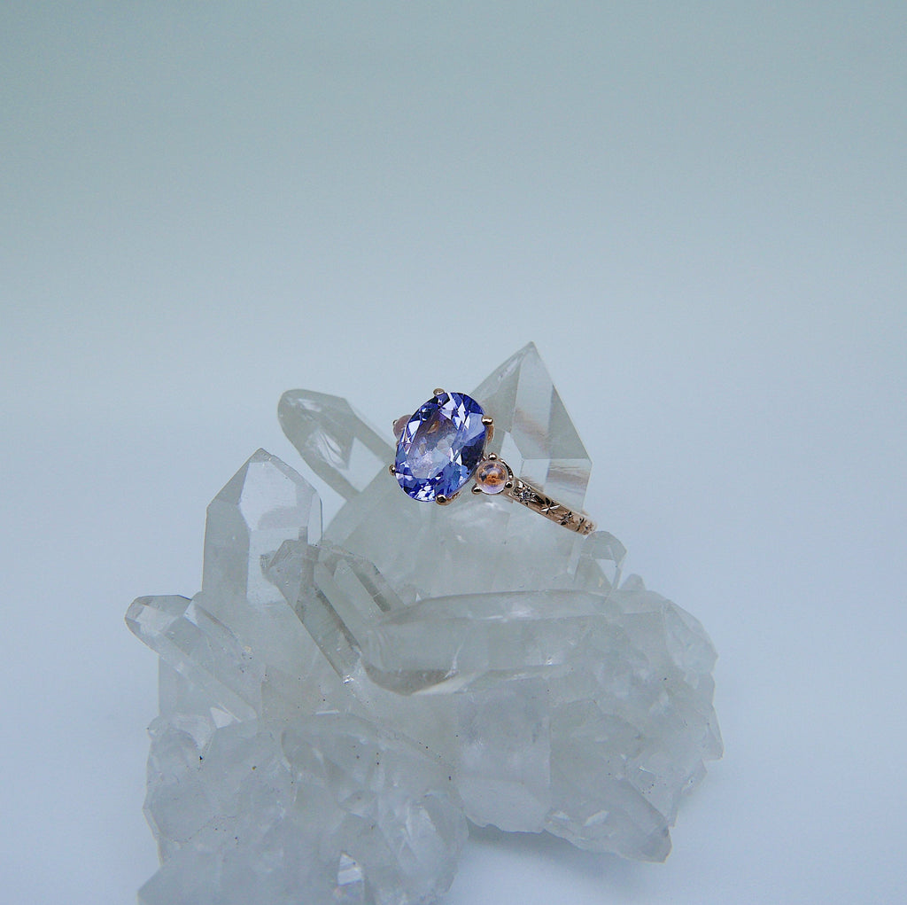 Twilight Tanzanite and Moonstone Ring, three stone ring, moonstone and tanzanite ring, 14k gold ring, diamond band, starry band