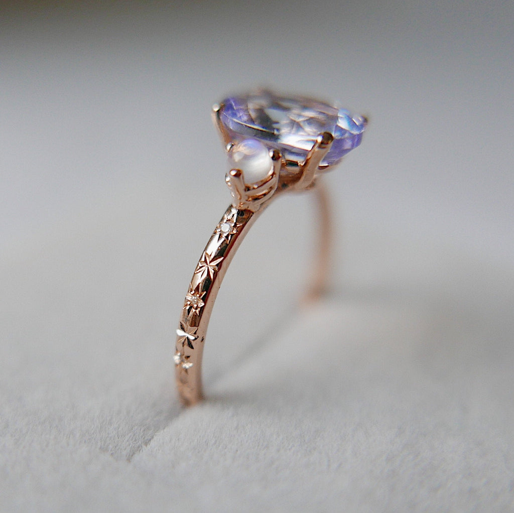 Twilight Tanzanite and Moonstone Ring, three stone ring, moonstone and tanzanite ring, 14k gold ring, diamond band, starry band