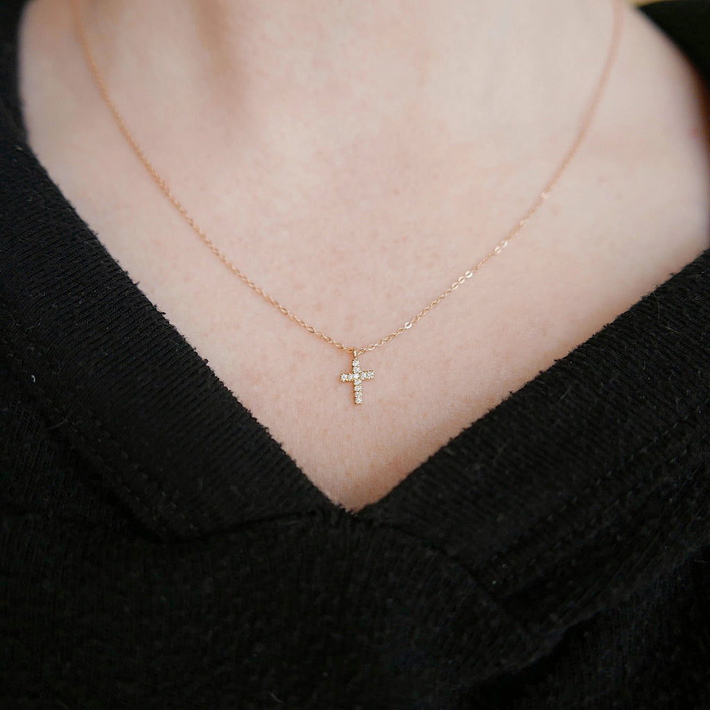 Mini Diamond Cross Necklace, 14k Gold Crucifix necklace, Small diamond cross necklace, Gold cross, Baptism necklace, Dainty gold cross