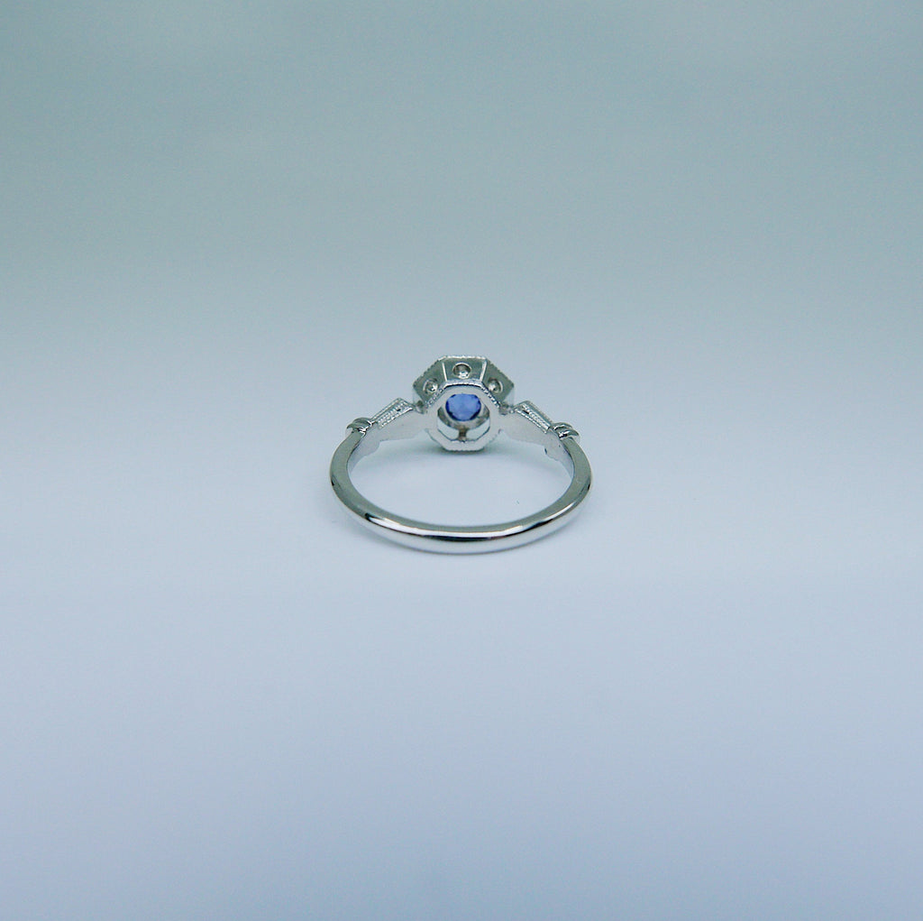 Compass Eloise Rose Cut Blue Sapphire Ring, Platinum ring, vintage inspired ring, sapphire and diamond ring