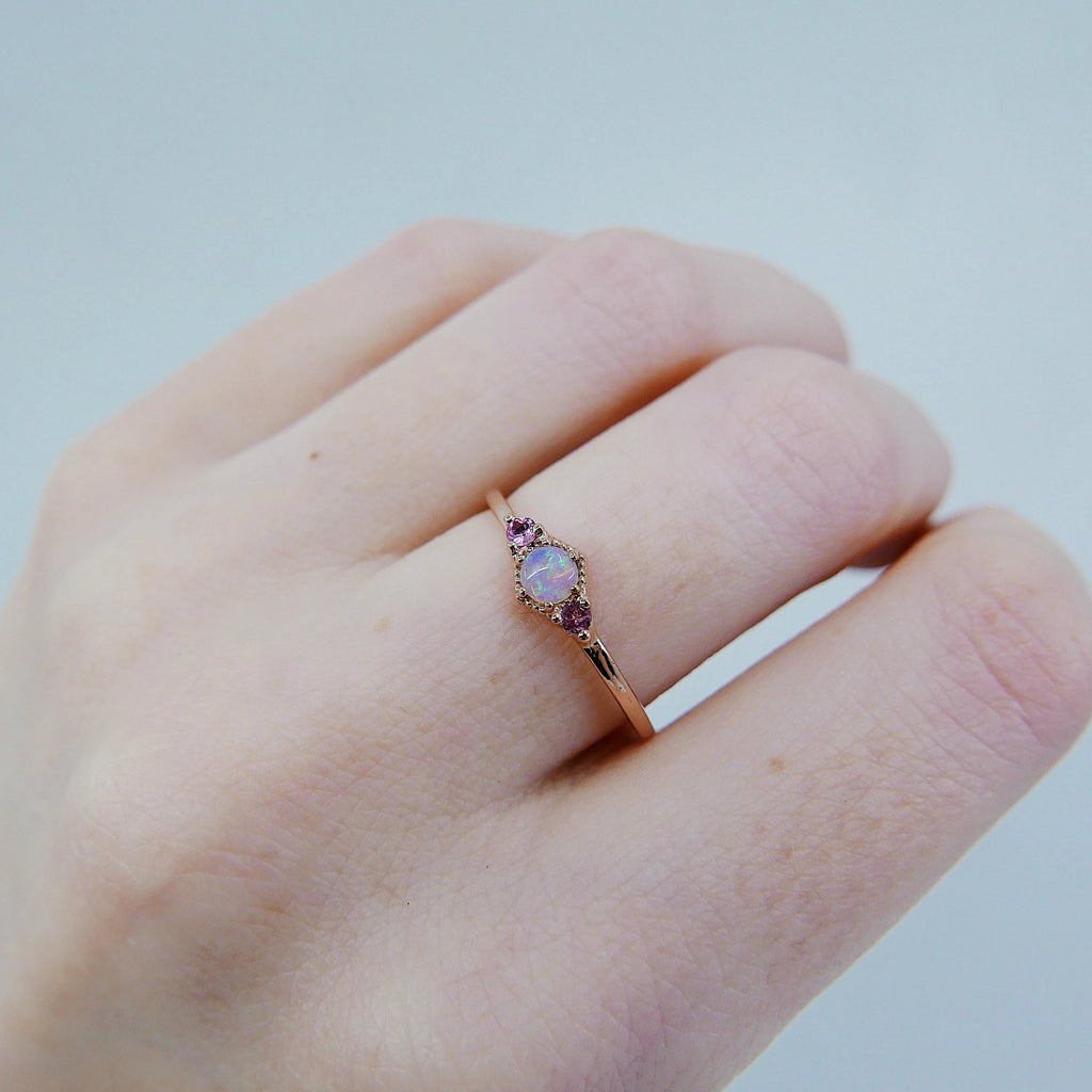 Harlow Opal Ring, pink tourmaline ring, opal and tourmaline ring, 14k gold opal ring, 3 stone opal ring