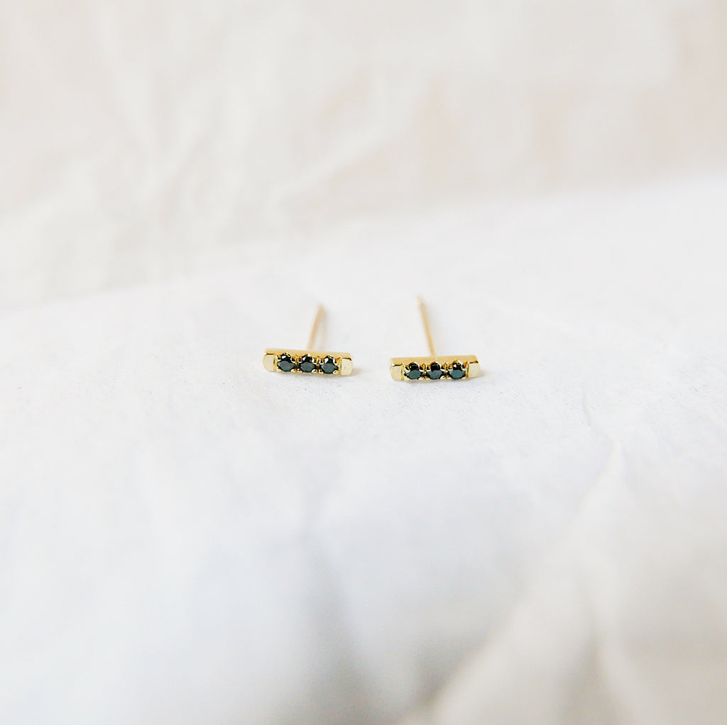 Mini Black Diamond Bar Earrings, 14k Black Diamond bar Earrings, 3 Diamond earrings, mini gold bar Earrings, small black Diamond Earrings