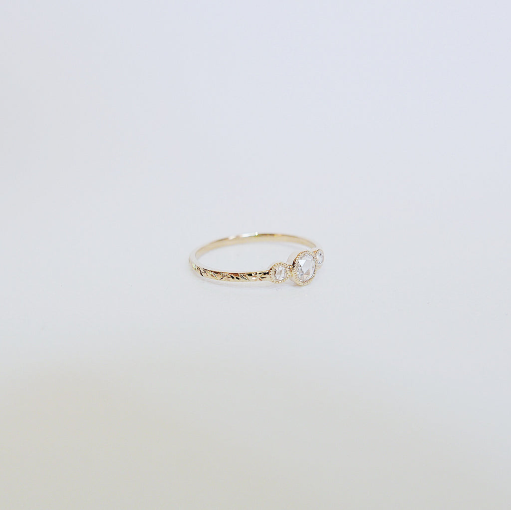 three stone ring  three stone band  three diamond ring  rose cut diamonds  Rings  minimalist  mgj  mason grace jewelry  mason grace  jewelry  hand engraved band  gift  fine jewelry  diamond ring  diamond  delicate gold ring  dainty ring  classic ring  birthstone ring