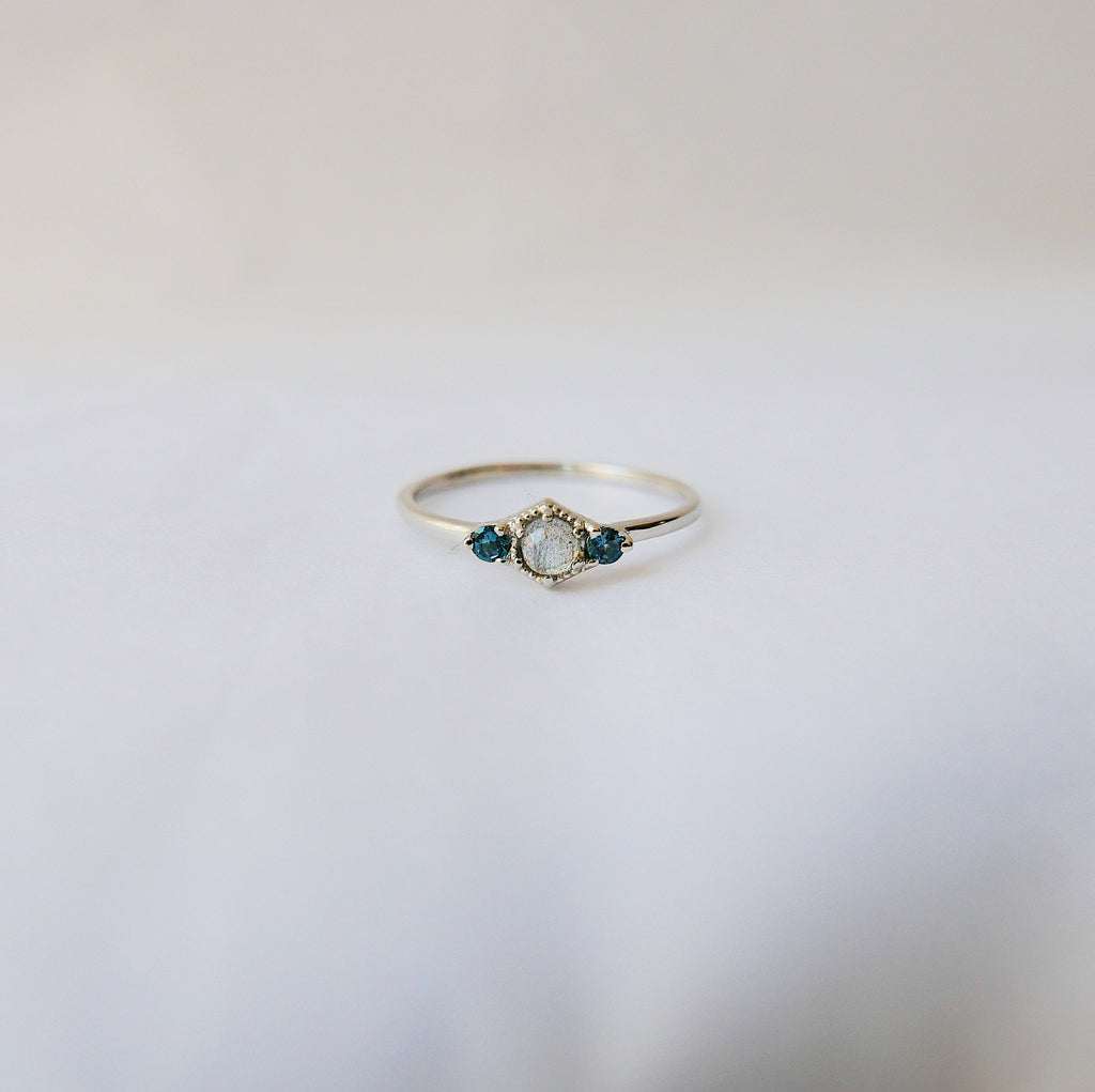 topaz ring  three stone ring  stacking ring  Rings  Multi-Stone Rings  mgj  mason grace jewelry  mason grace  london blue topaz  labradorite topaz  labradorite ring  jewelry  fine jewelry  dainty ring  birthstone ring  art deco topaz  art deco style ring  art deco ring  art deco labradorite  14k gold ring