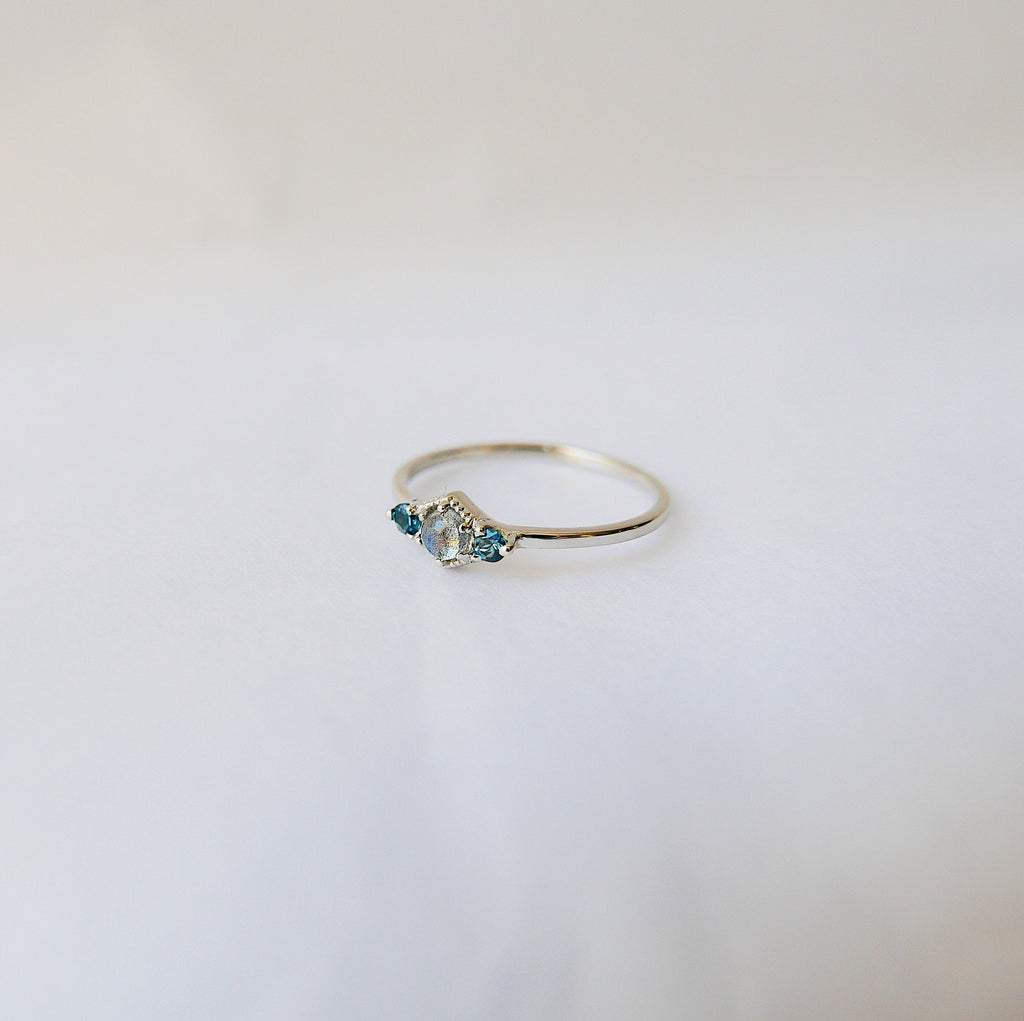 topaz ring  three stone ring  stacking ring  Rings  Multi-Stone Rings  mgj  mason grace jewelry  mason grace  london blue topaz  labradorite topaz  labradorite ring  jewelry  fine jewelry  dainty ring  birthstone ring  art deco topaz  art deco style ring  art deco ring  art deco labradorite  14k gold ring