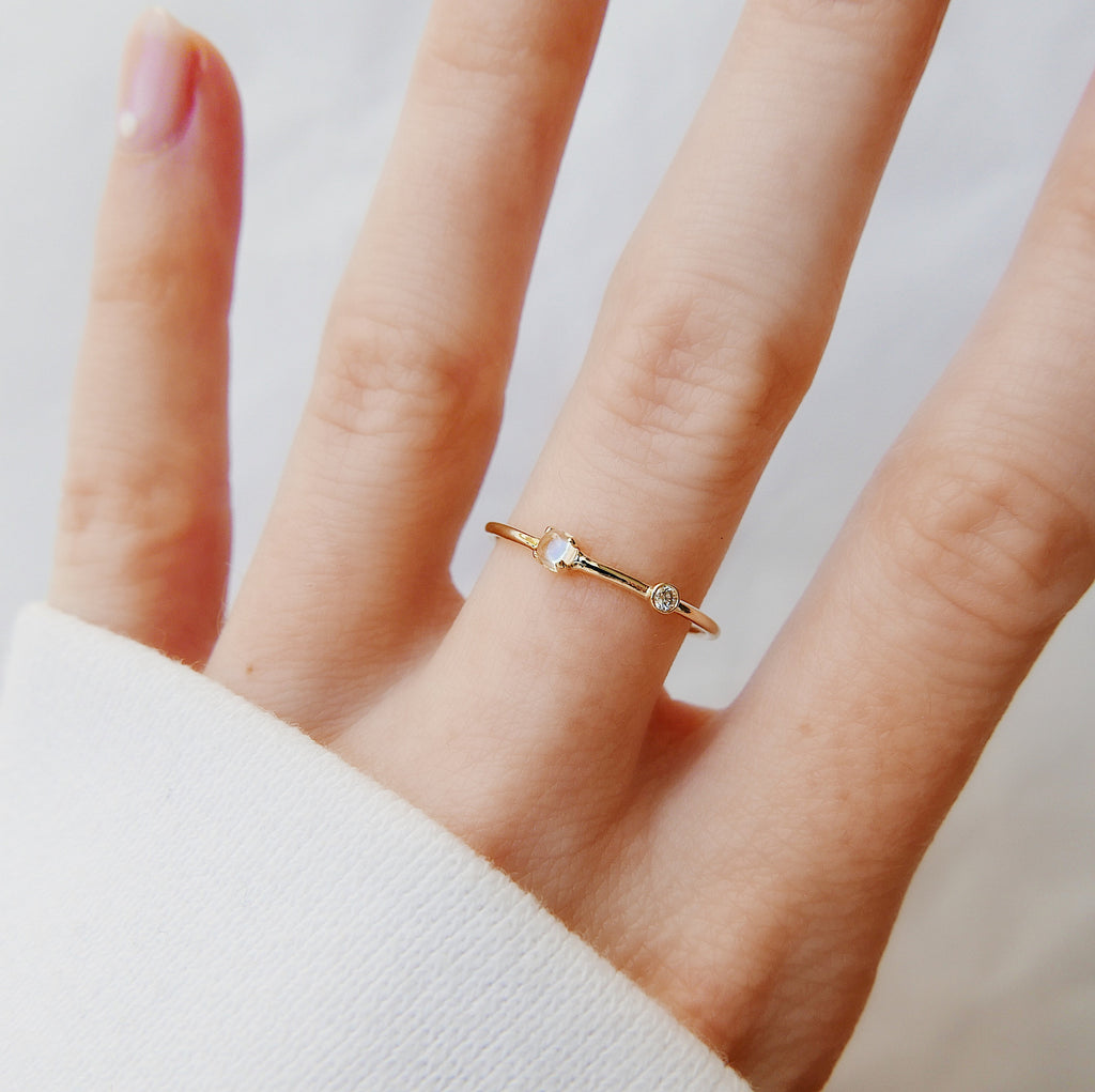 Moonstone Duet Ring (Small), 14k Diamond and moonstone Ring, Mini moonstone Ring, Stacking Bands, Stacking Rings, 14k Gold Band