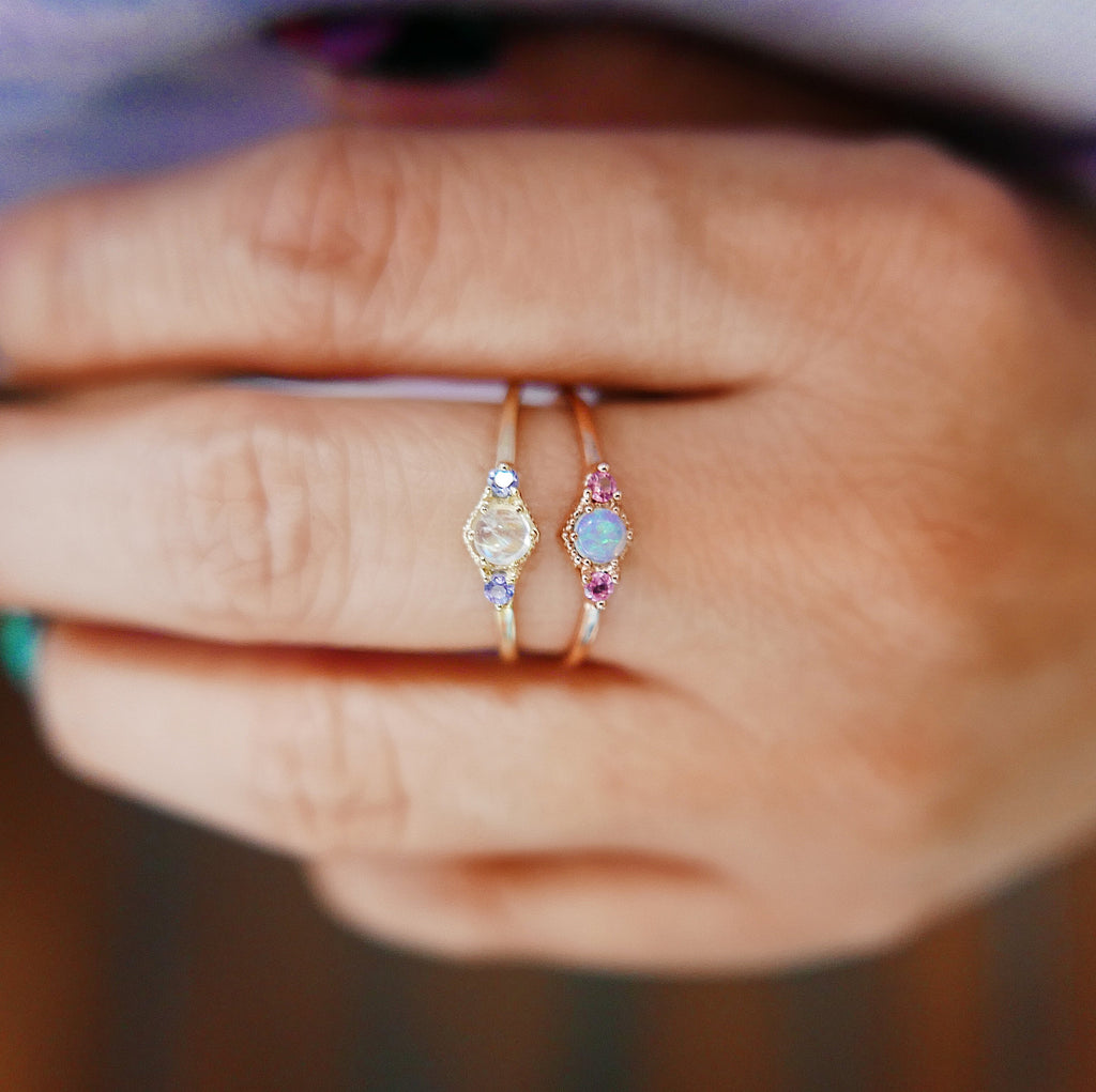 three stone ring  tanzanite ring  stacking ring  Rings  Multi-Stone Rings  moonstone tanzanite  moonstone ring  mgj  mason grace jewelry  mason grace  jewelry  gold moonstone ring  fine jewelry  dainty ring  birthstone ring  art deco tanzanite  art deco style ring  art deco ring  art deco moonstone  14k gold ring