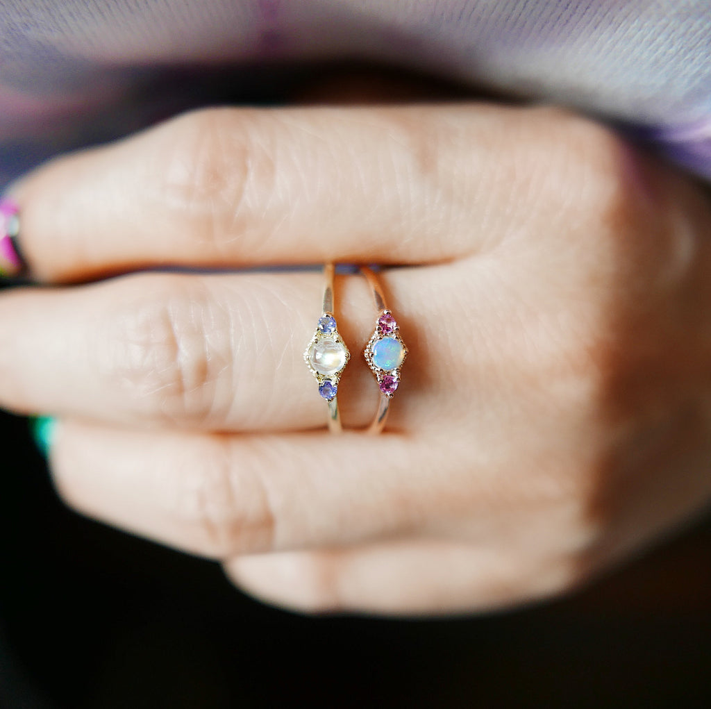 three stone ring  tanzanite ring  stacking ring  Rings  Multi-Stone Rings  moonstone tanzanite  moonstone ring  mgj  mason grace jewelry  mason grace  jewelry  gold moonstone ring  fine jewelry  dainty ring  birthstone ring  art deco tanzanite  art deco style ring  art deco ring  art deco moonstone  14k gold ring