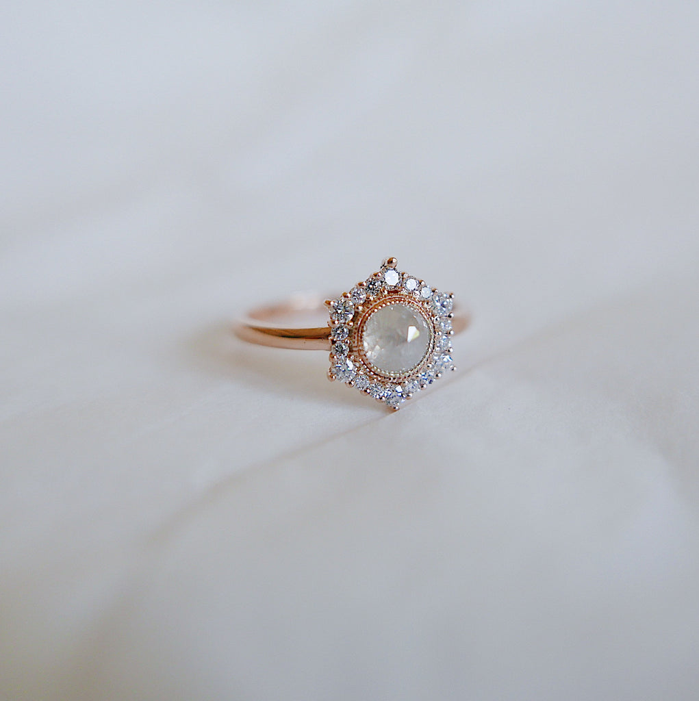 vintage inspired  Statement Rings  rustic vintage ring  rustic diamond ring  rose gold ring  Rings  OOAK ring  OOAK  one of a kind ring  one of a kind  mgj  mason grace jewelry  mason grace  jewelry  halo diamond ring  fine jewelry  engagement ring  eloise ring  diamond ring  diamond  classy ring