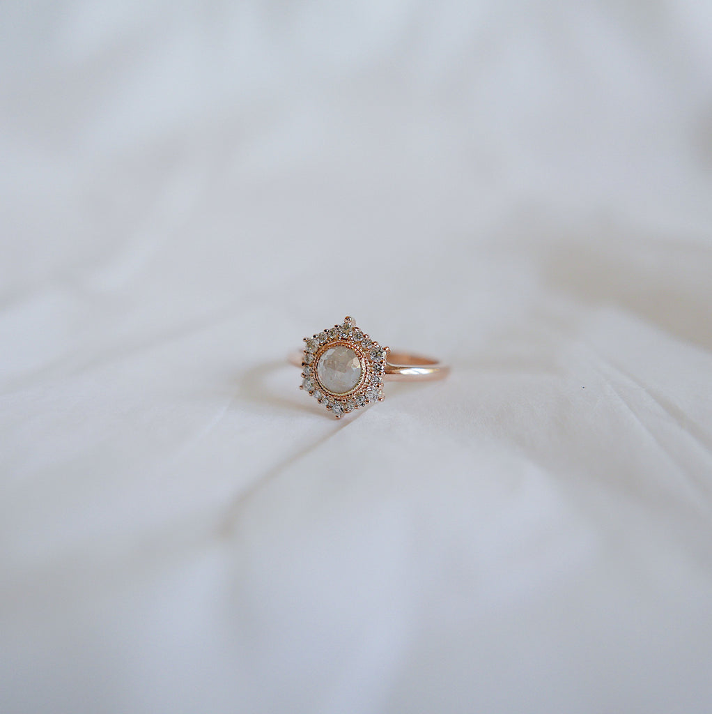 vintage inspired  Statement Rings  rustic vintage ring  rustic diamond ring  rose gold ring  Rings  OOAK ring  OOAK  one of a kind ring  one of a kind  mgj  mason grace jewelry  mason grace  jewelry  halo diamond ring  fine jewelry  engagement ring  eloise ring  diamond ring  diamond  classy ring