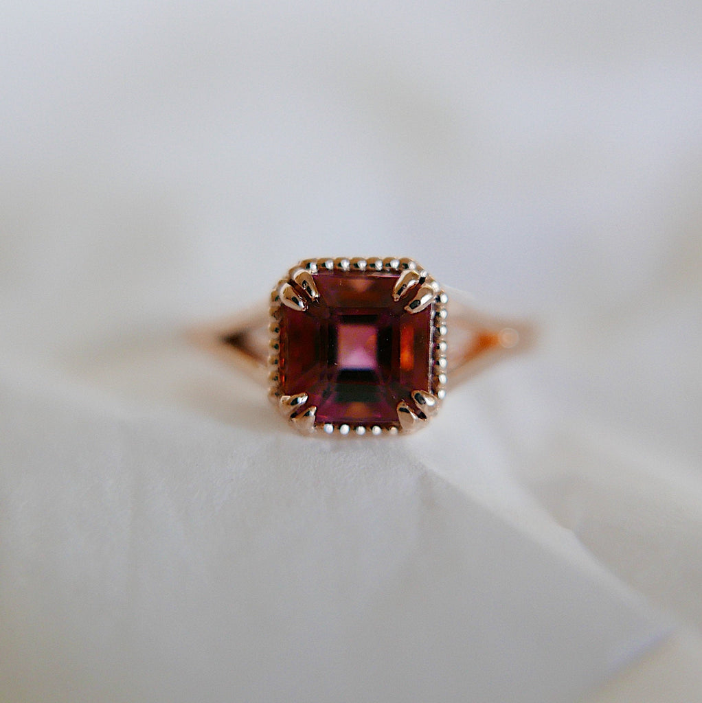 wedding ring  vintage inspired  tourmaline ring  square cut ring  Rings  raspberry tourmaline  raspberry ring  push gift  pink and red ring  OOAK  Multi-Stone Rings  mgj  mason grace jewelry  mason grace  jewelry  fine jewelry  Engagement ring  Classic ring  Art Deco  anniversary ring  alternative bridal