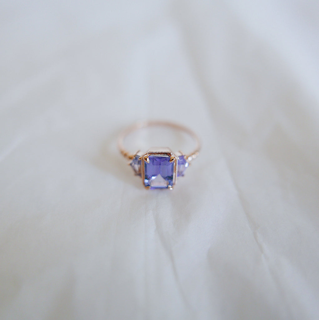 Tanzanite Ring, OOAK, three stone ring, 14k gold tanzanite ring, 14k gold ring, hand engraved band, one of a kind ring