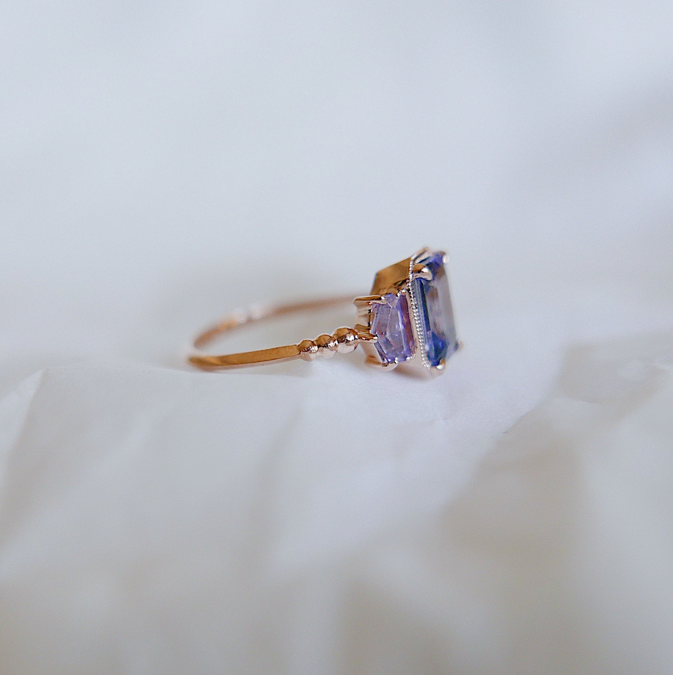 Tanzanite Ring, OOAK, three stone ring, 14k gold tanzanite ring, 14k gold ring, hand engraved band, one of a kind ring