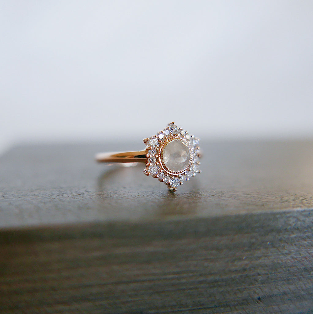 vintage inspired  Statement Rings  rustic vintage ring  rustic diamond ring  rose gold ring  Rings  OOAK ring  OOAK  one of a kind ring  one of a kind  mgj  mason grace jewelry  mason grace  jewelry  halo diamond ring  fine jewelry  engagement ring  eloise ring  diamond ring  diamond  classy ring