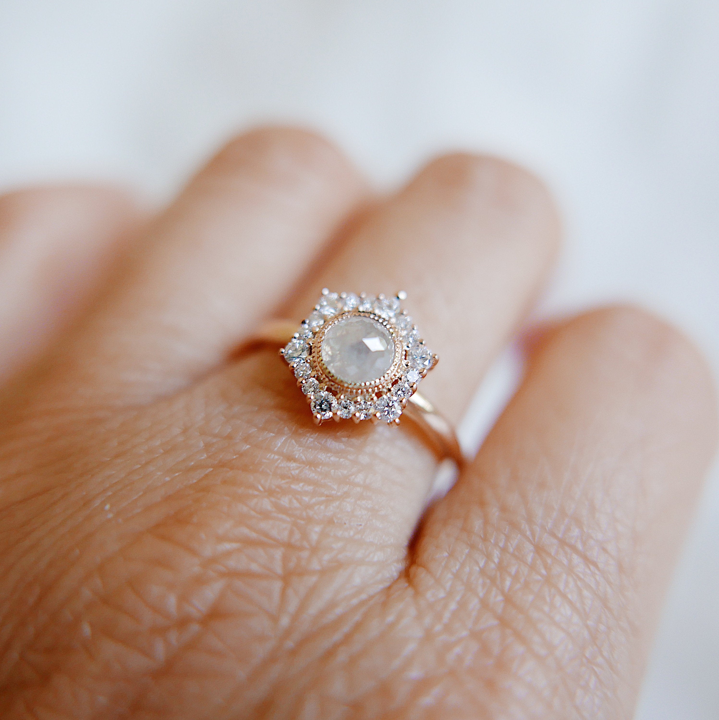 vintage inspired  Statement Rings  rustic vintage ring  rustic diamond ring  rose gold ring  Rings  OOAK ring  OOAK  one of a kind ring  one of a kind  mgj  mason grace jewelry  mason grace  jewelry  halo diamond ring  fine jewelry  engagement ring  eloise ring  diamond ring  diamond  classy ring