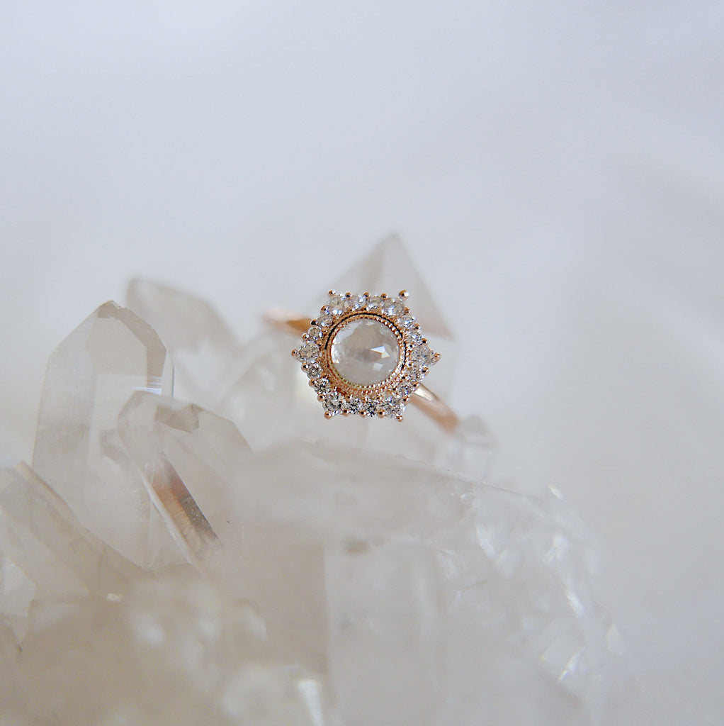 vintage inspired  Statement Rings  rustic vintage ring  rustic diamond ring  rose gold ring  Rings  OOAK ring  OOAK  one of a kind ring  one of a kind  mgj  mason grace jewelry  mason grace  jewelry  halo diamond ring  fine jewelry  engagement ring  eloise ring  diamond ring  diamond  classy ring