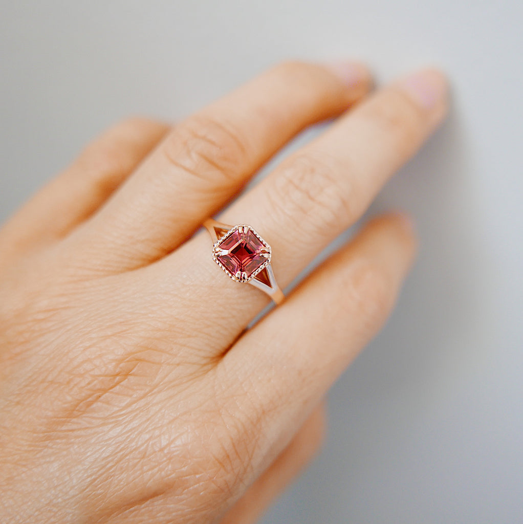 wedding ring  vintage inspired  tourmaline ring  square cut ring  Rings  raspberry tourmaline  raspberry ring  push gift  pink and red ring  OOAK  Multi-Stone Rings  mgj  mason grace jewelry  mason grace  jewelry  fine jewelry  Engagement ring  Classic ring  Art Deco  anniversary ring  alternative bridal