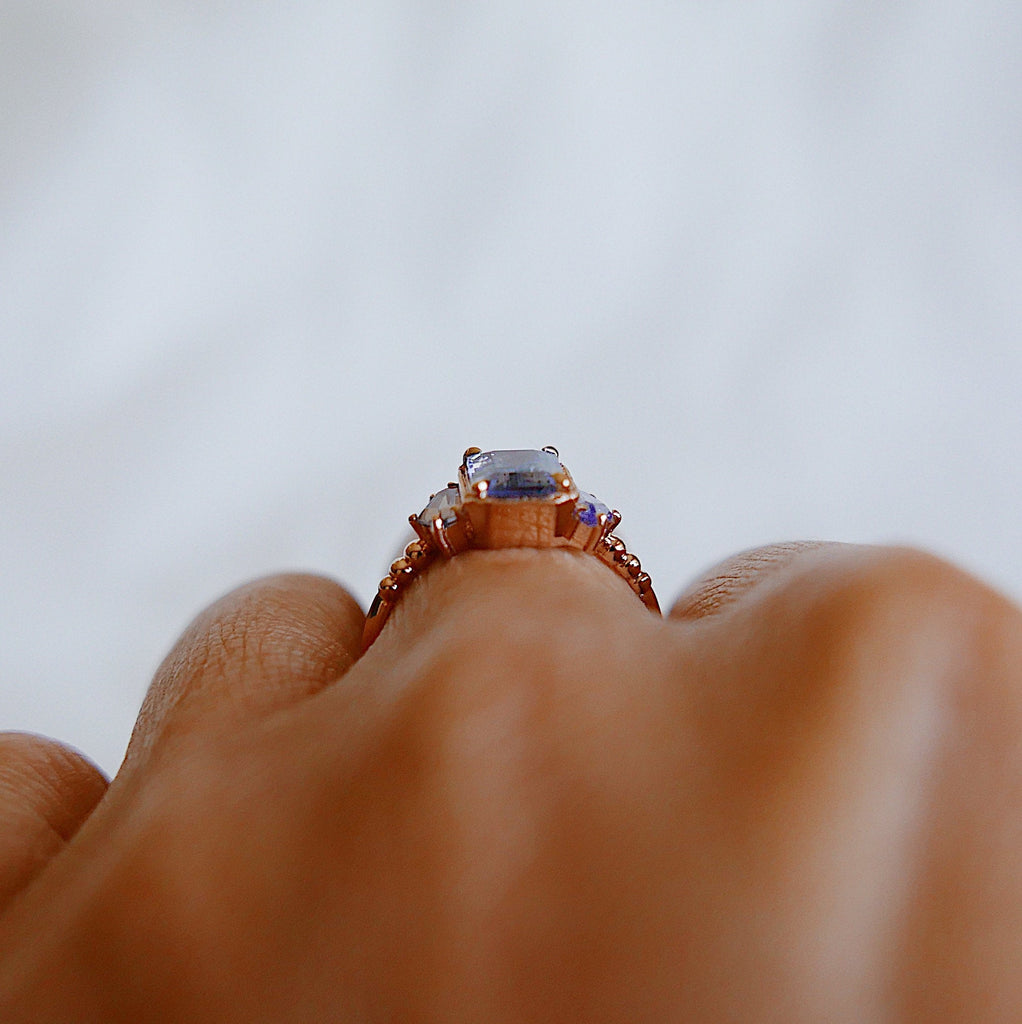 Tanzanite Ring, OOAK, three stone ring, 14k gold tanzanite ring, 14k gold ring, hand engraved band, one of a kind ring