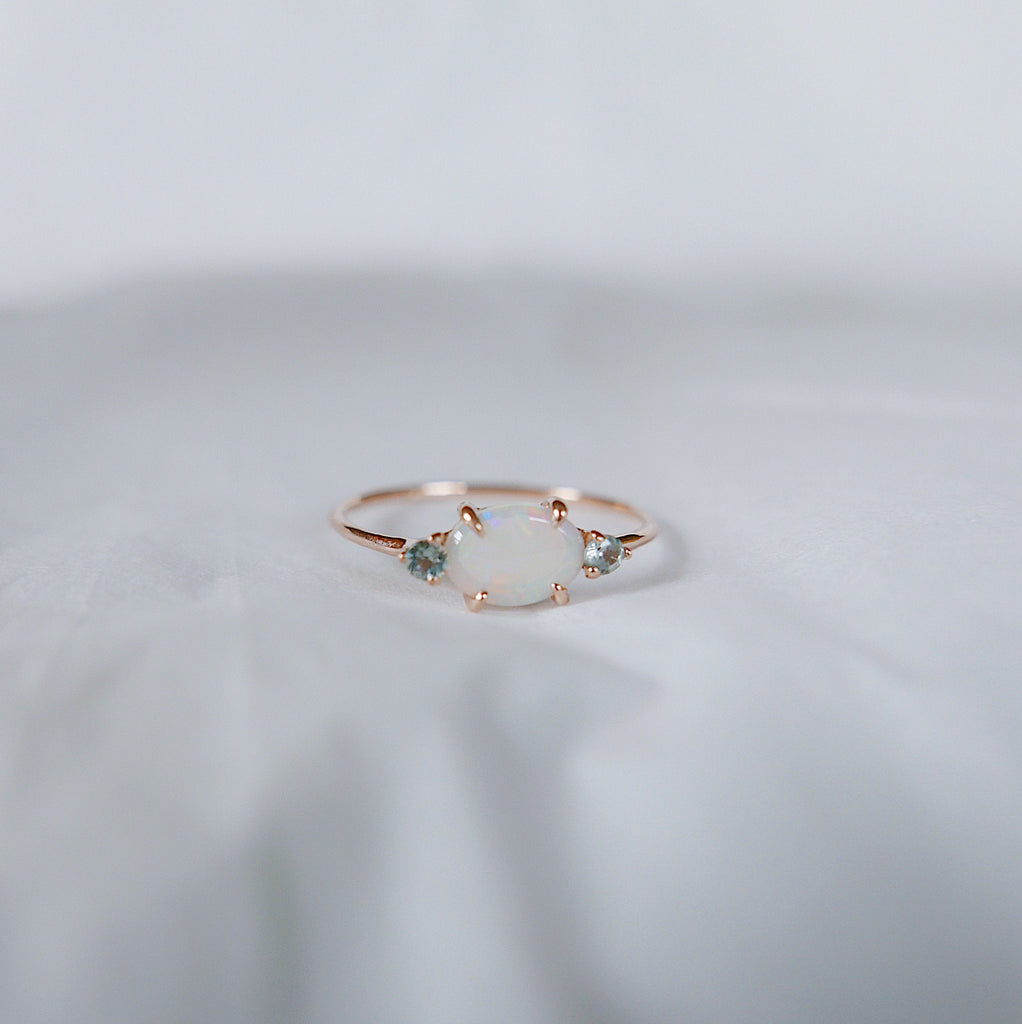 three stone ring  Rose gold opal ring  Rings  Prong setting ring  Oval stone ring  opal wedding band  opal ring  Opal and Aquamarine  opal  minimalist  mgj  mason grace jewelry  mason grace  jewelry  gift  fine jewelry  dainty ring  birthstone ring  14k rose gold opal