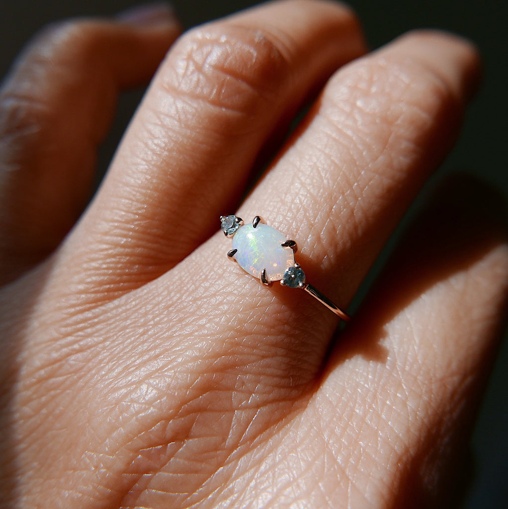 three stone ring  Rose gold opal ring  Rings  Prong setting ring  Oval stone ring  opal wedding band  opal ring  Opal and Aquamarine  opal  minimalist  mgj  mason grace jewelry  mason grace  jewelry  gift  fine jewelry  dainty ring  birthstone ring  14k rose gold opal