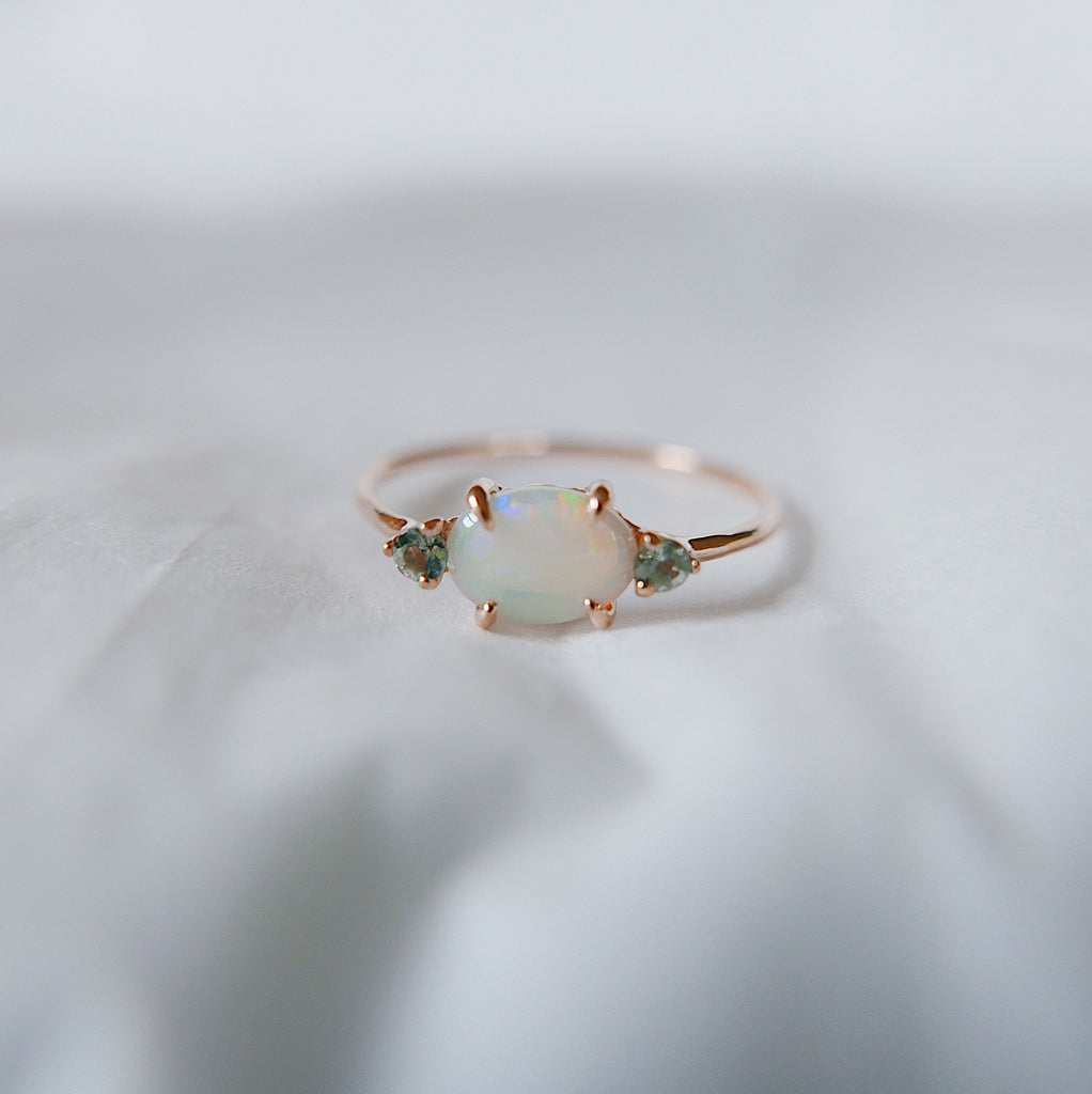 three stone ring  Rose gold opal ring  Rings  Prong setting ring  Oval stone ring  opal wedding band  opal ring  Opal and Aquamarine  opal  minimalist  mgj  mason grace jewelry  mason grace  jewelry  gift  fine jewelry  dainty ring  birthstone ring  14k rose gold opal