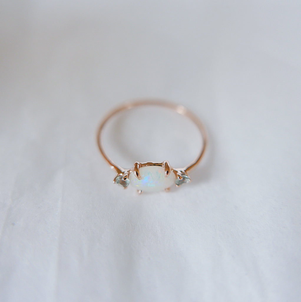 three stone ring  Rose gold opal ring  Rings  Prong setting ring  Oval stone ring  opal wedding band  opal ring  Opal and Aquamarine  opal  minimalist  mgj  mason grace jewelry  mason grace  jewelry  gift  fine jewelry  dainty ring  birthstone ring  14k rose gold opal