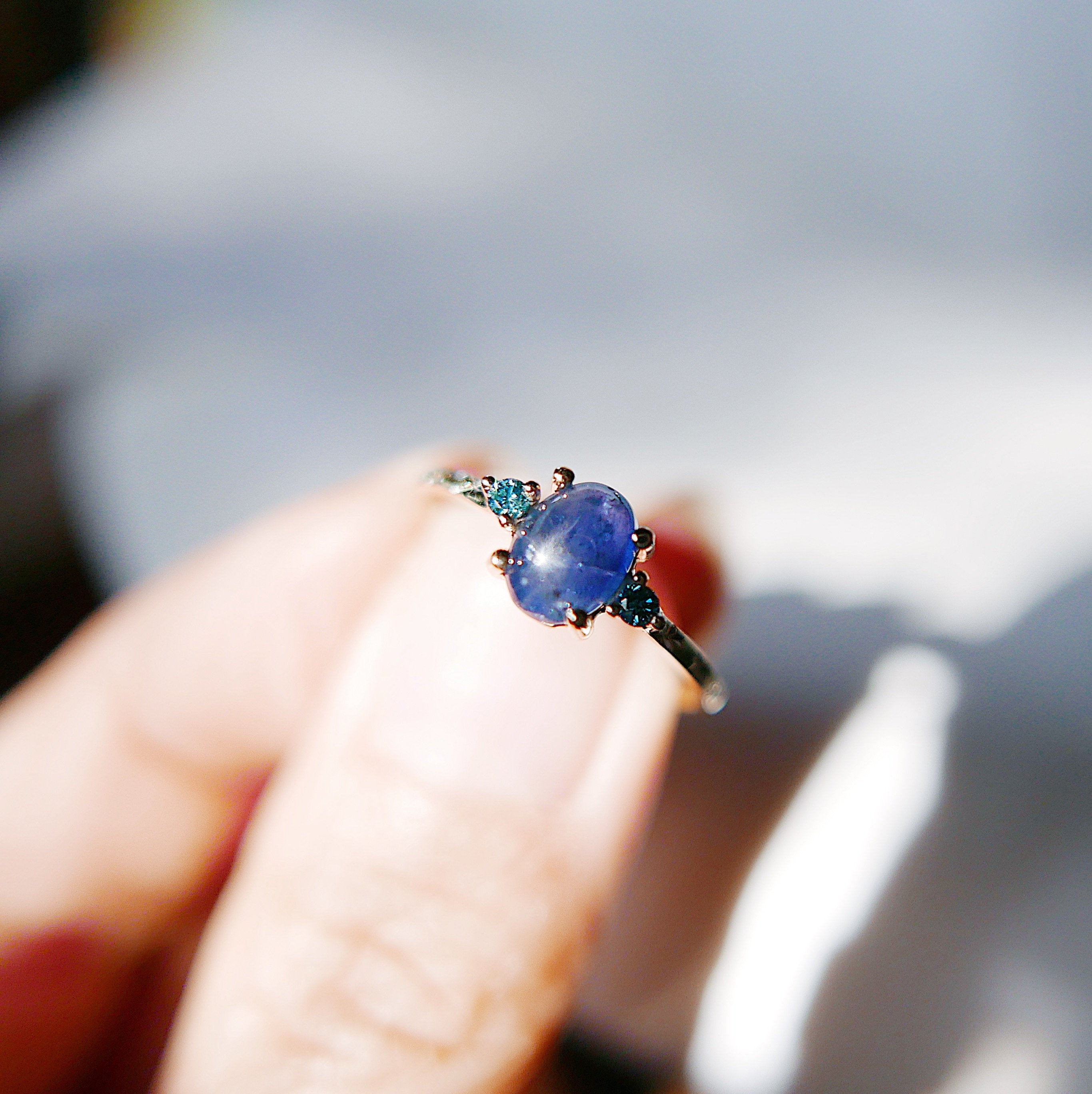 Nebula Blue Sapphire Oval Ring, OOAK, blue diamond ring, one of a kind, unique engagement ring, blue three stone hand engraved ring