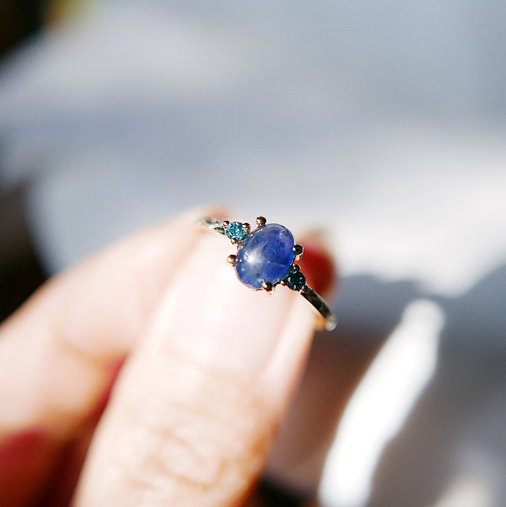 Nebula Blue Sapphire Oval Ring, OOAK, blue diamond ring, one of a kind, unique engagement ring, blue three stone hand engraved ring