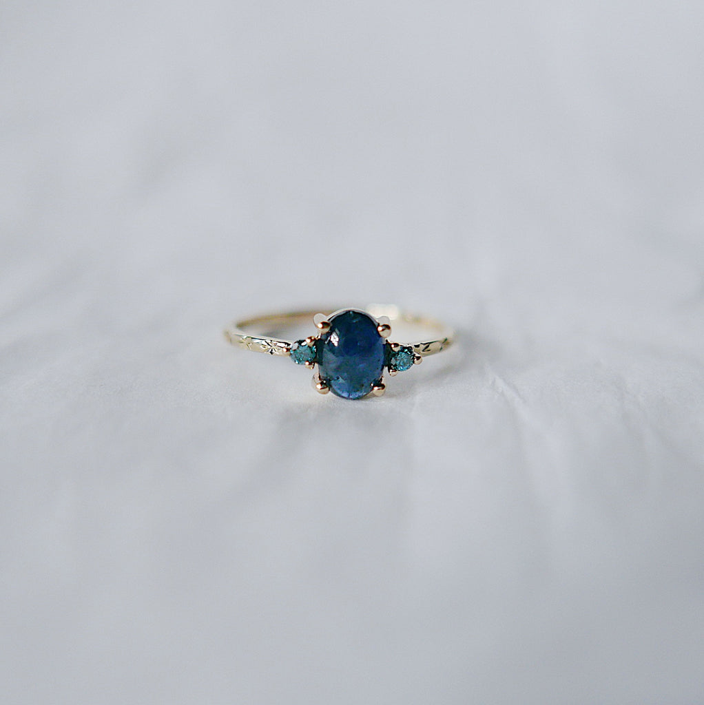 Nebula Blue Sapphire Oval Ring, OOAK, blue diamond ring, one of a kind, unique engagement ring, blue three stone hand engraved ring
