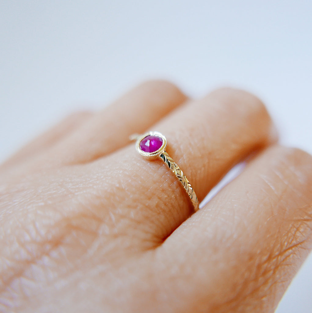 Juliette Ruby Ring, ruby solitaire ring, gold bezel stone ring, 14k gold ruby ring, gold hand engraved band, ooak, rose cut ruby ring